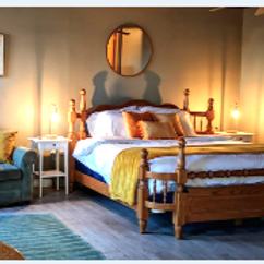 Living room with chrome cast TV, dining area, kitchenette, patio, high speed wifi