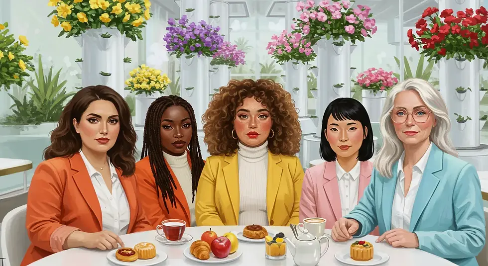 A diverse group of five women from different ethnic backgrounds and age groups sit at a round table enjoying tea and pastries in a bright, modern floral café. Each woman wears a brightly colored blazer and smiles confidently, surrounded by lush flowers and natural light, symbolizing inclusivity and representation in AI-generated imagery.