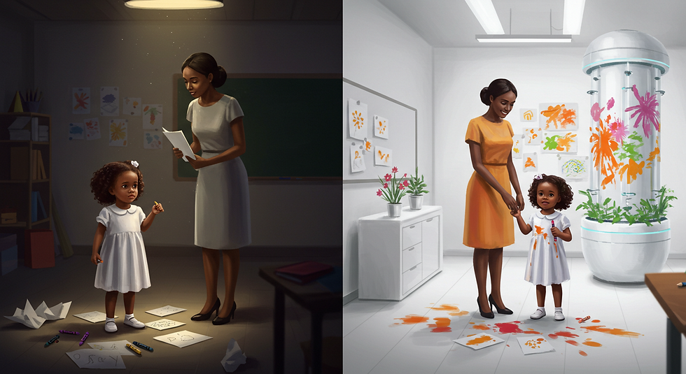 A side-by-side classroom scene showing a young girl with her teacher. On the left, the child is being corrected under dim lighting; on the right, she is praised in a bright, colorful room filled with art and a futuristic hydroponic display. Represents generative AI's early learning phase and creative growth.