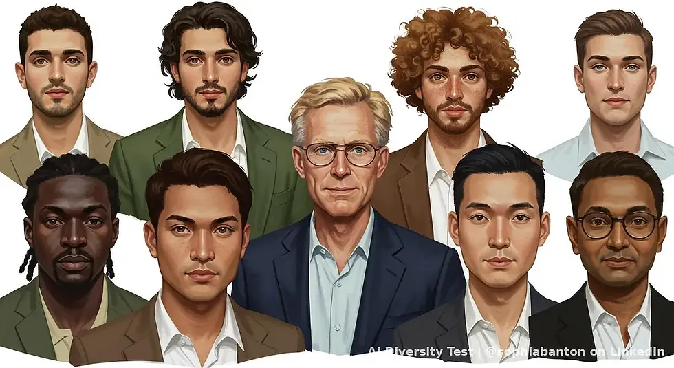 AI-generated portrait of professionally dressed men posed in formal attire. The group includes a mix of ethnicities and facial features, with varied hairstyles including curly, straight, and locs. Most are wearing suits in neutral tones. A white background and painterly style give the image a clean, editorial look. Caption at the bottom reads “AI Diversity Test | @sophiabanton on LinkedIn