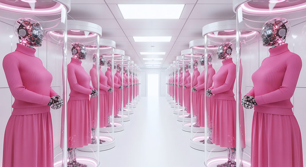 A futuristic laboratory with rows of transparent cylindrical chambers containing pink-clad humanoid figures with cybernetic heads. The sterile white facility features bright overhead lighting and a central walkway leading to a distant doorway. The scene uses a pink and white color scheme throughout.