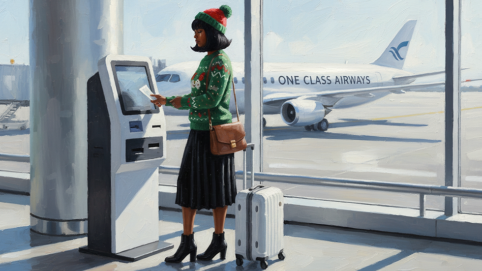 Woman in green sweater uses a self-check-in kiosk at the airport, suitcase beside her. Plane with "One Class Airways" in the background.
