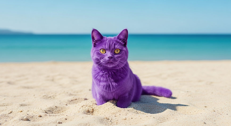 AI-generated realistic image of a purple cat sitting on a sandy beach with the ocean and sky in the background.