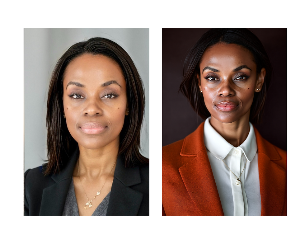 Side-by-side comparison of two headshots of the same woman. The left image is a natural, professionally taken photo with soft lighting and a black blazer. The right image is an AI-generated version showing the same woman in sharper studio lighting, with a burnt orange blazer and a more dramatic, polished aesthetic.