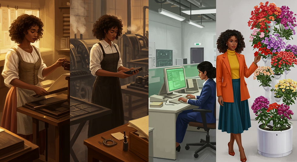 Four-panel illustration showing a woman across technological eras—from the printing press to industrial machines to modern computing and finally AI for Humanity, represented by a smart hydroponic tower she tends beside.