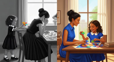 AI-generated image split into two scenes. On the left in grayscale, a woman sits with her head in her hand at a puzzle table while a young girl—symbolizing AI—offers her a missing piece. On the right, in color, the same woman smiles as she solves the puzzle together with the girl, now fully engaged and joyful.