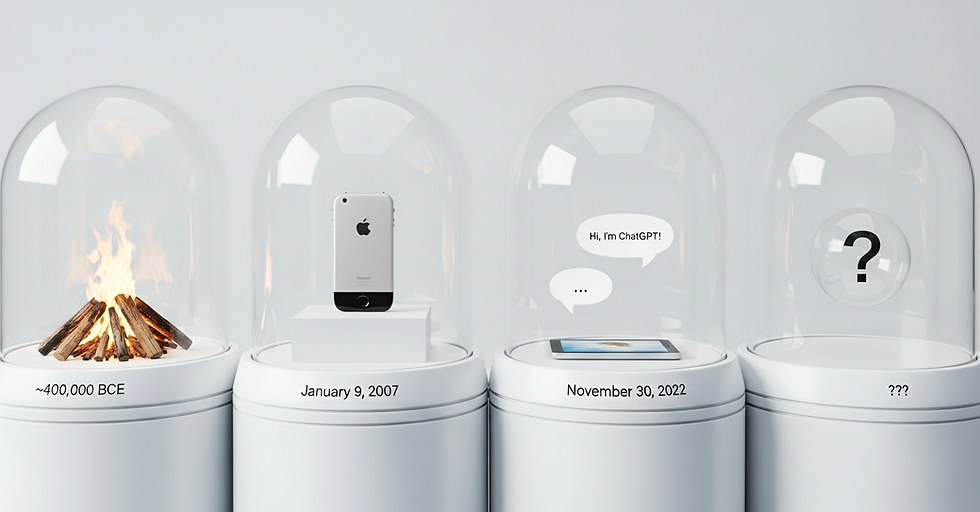 Four museum display cases mark humanity’s great leaps: fire (~400,000 BCE), the iPhone (2007), ChatGPT (2022), and an empty case with a question mark — asking what comes next.