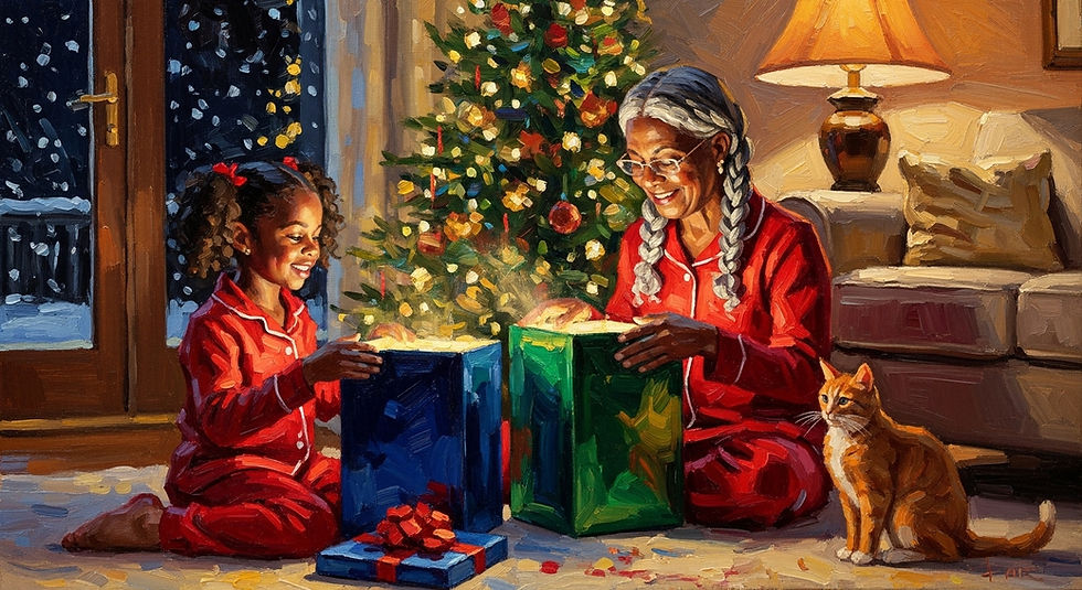 In a cozy living room, a grandmother with gray braided hair and a young girl in matching red pajamas open two large gift boxes that cast a warm glow on their faces. A lit Christmas tree twinkles behind them, an orange tabby cat sits nearby, and snow falls outside the glass door.