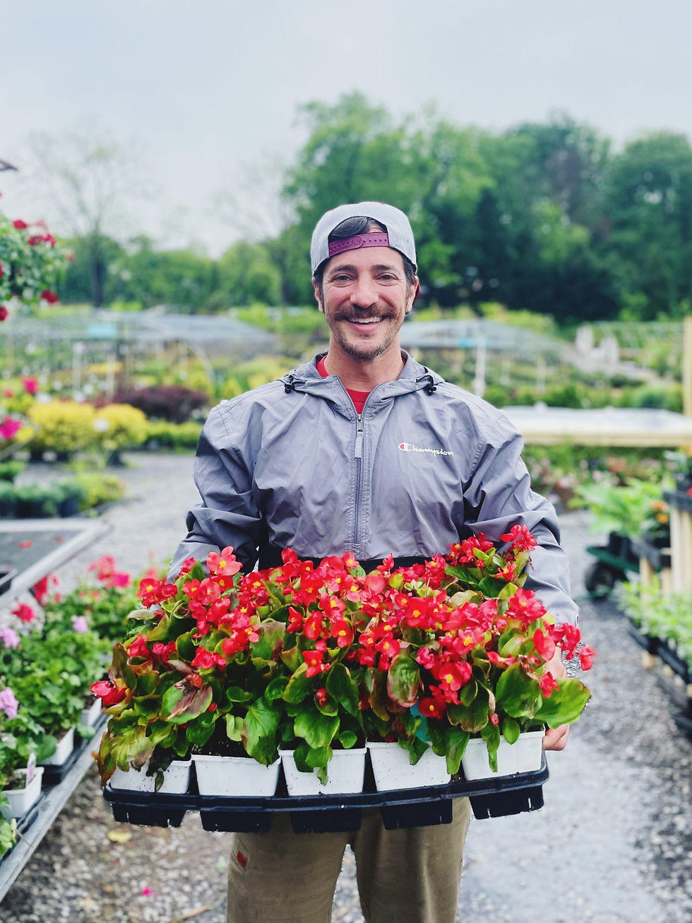 Gardener from Eldersburg local landscape company holding red flowers
