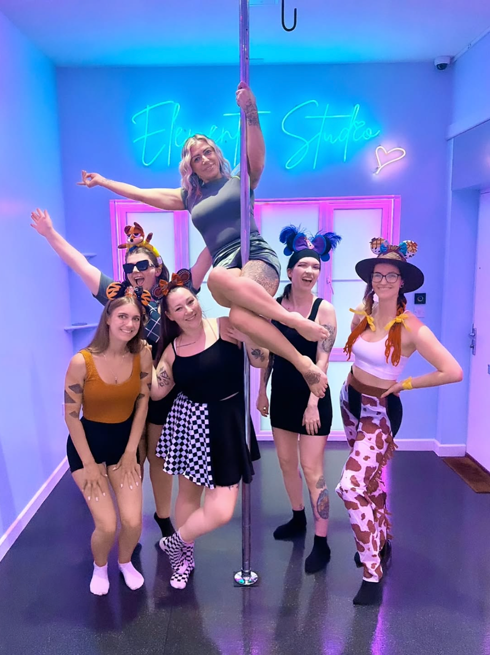 Aerial fitness events, hen parties, birthday parties, pole fitness group classes, elements
