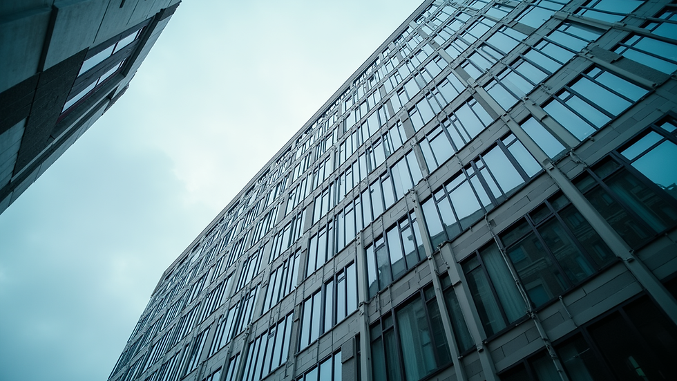 Eye-level view of a modern office building in Bethesda