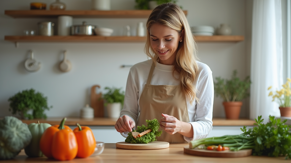 Close-up view of a nanny preparing a healthy meal in a modern kitchen