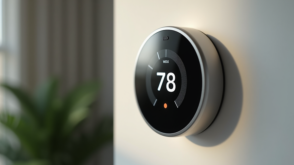 Close-up view of a smart thermostat displaying home temperature