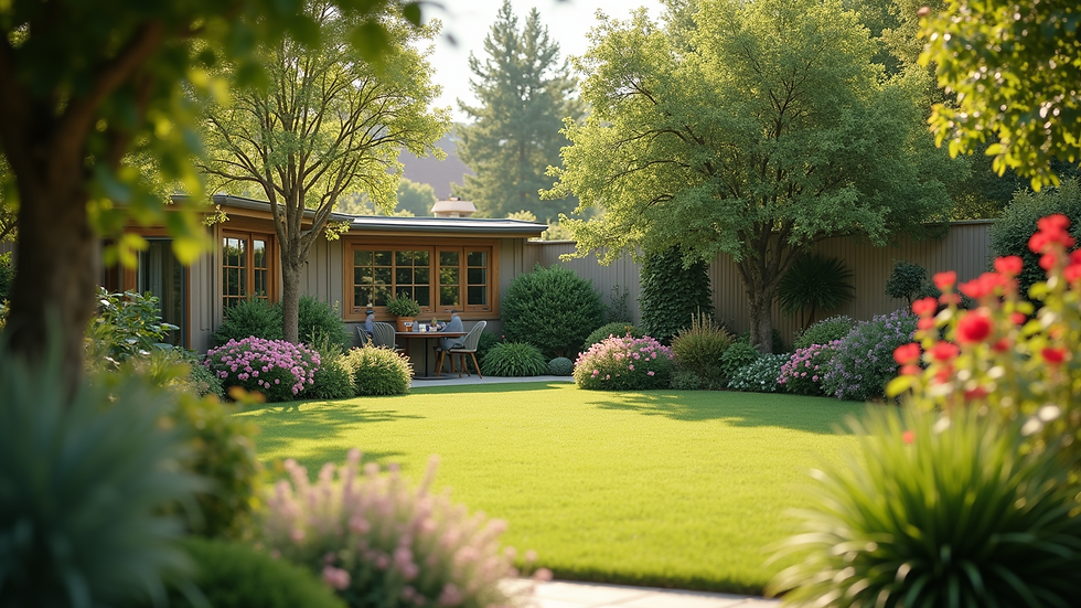 Wide angle view of a serene garden space perfect for children's activities