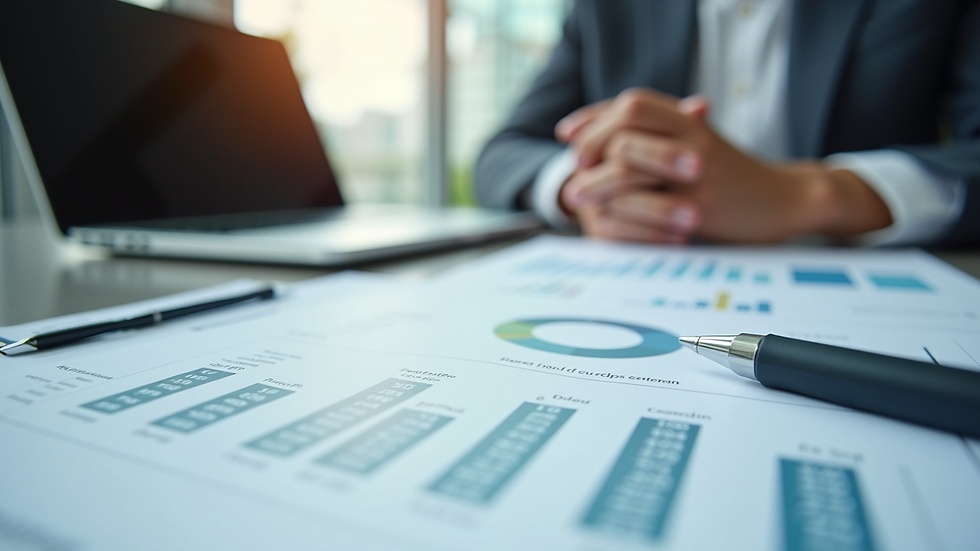 Close-up view of a consultant’s desk with financial reports and a laptop