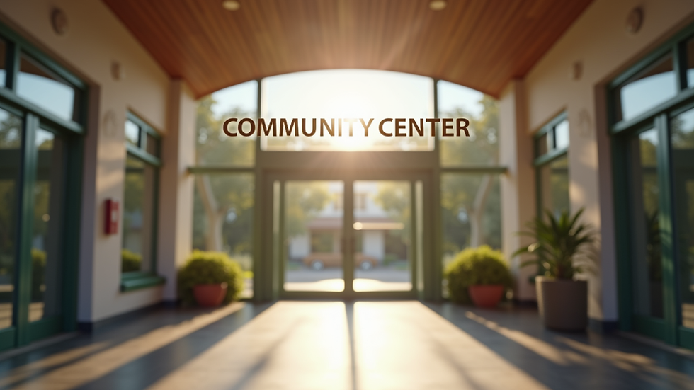 Eye-level view of a community center entrance with accessible signage