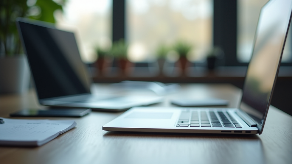 Close-up view of a modern office desk with a laptop and notes