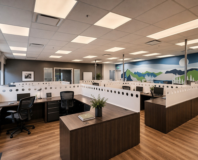 Open office work area at Nano One Offices with desks, acoustic dividers, wood finishes, and a colourful wall mural.