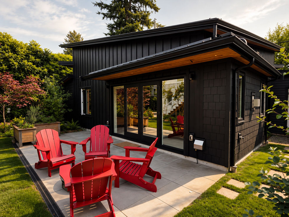 Garden patio at Japavarian Blades with black exterior cladding, sliding glass doors, red chairs, lawn, and planting.
