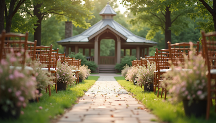 Eye-level view of a charming wedding venue decorated for an outdoor ceremony in Greenville