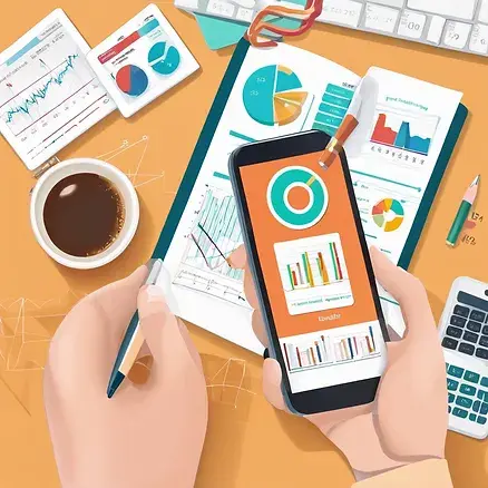 Person using a budgeting app on a smartphone with financial charts in the background