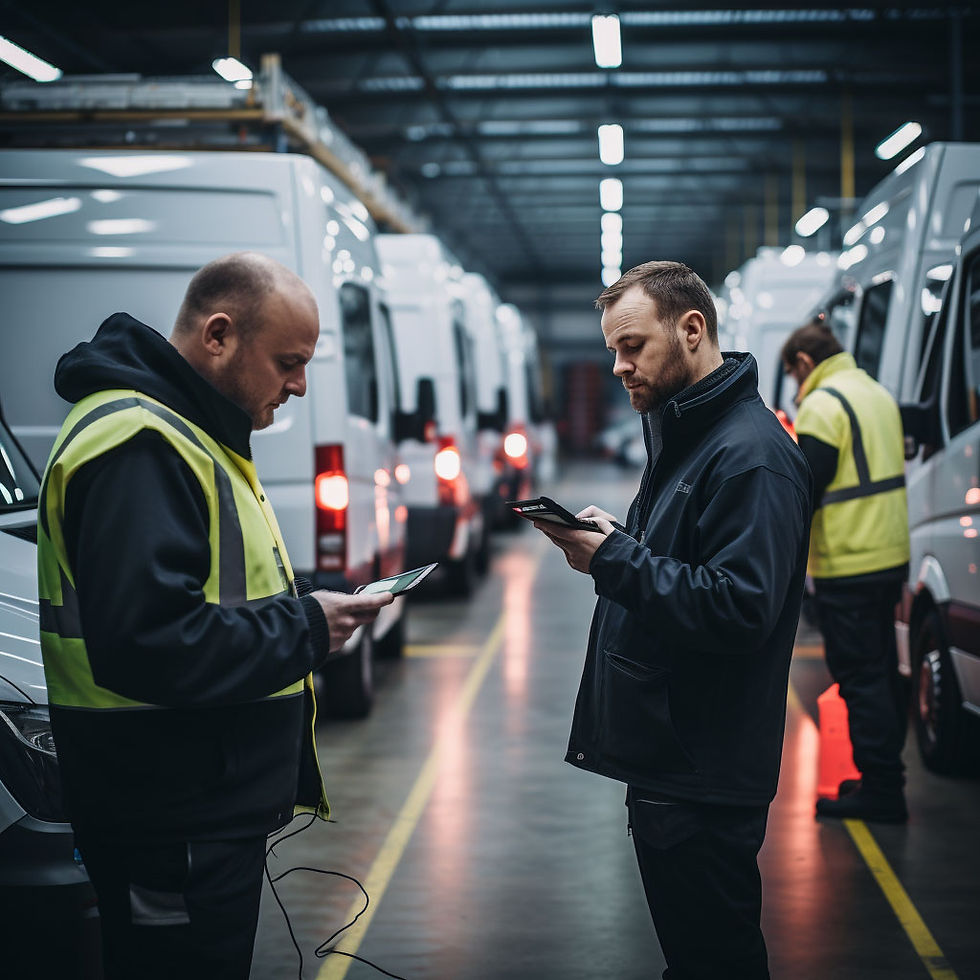 Fleet managers reviewing EV charging operations at a Swift Charging commercial depot