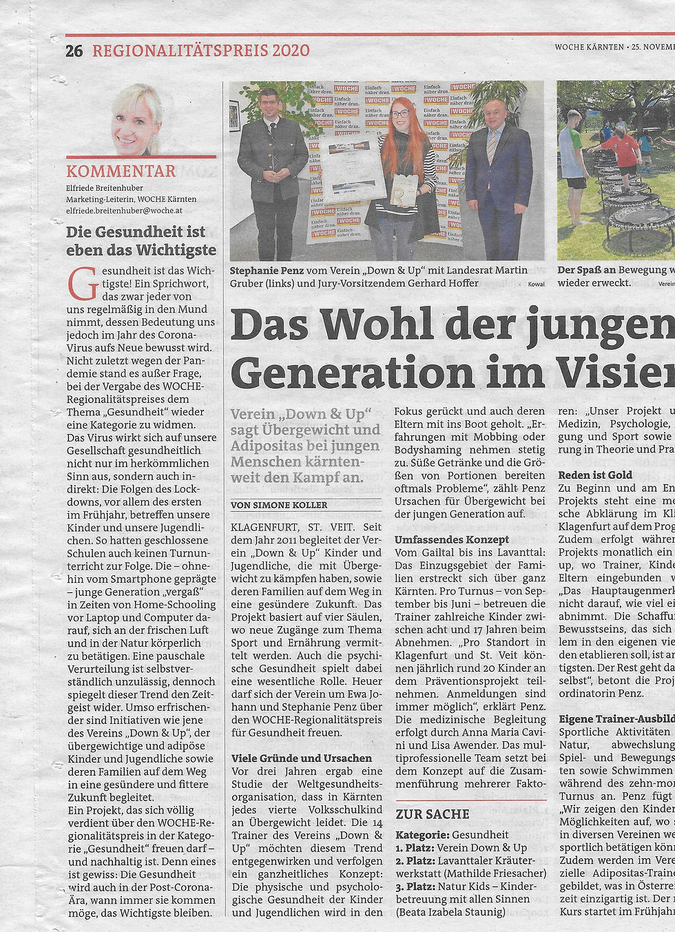 Regionalitätspreis 2020 - Gesundheit: 1. Platz für Down and Up