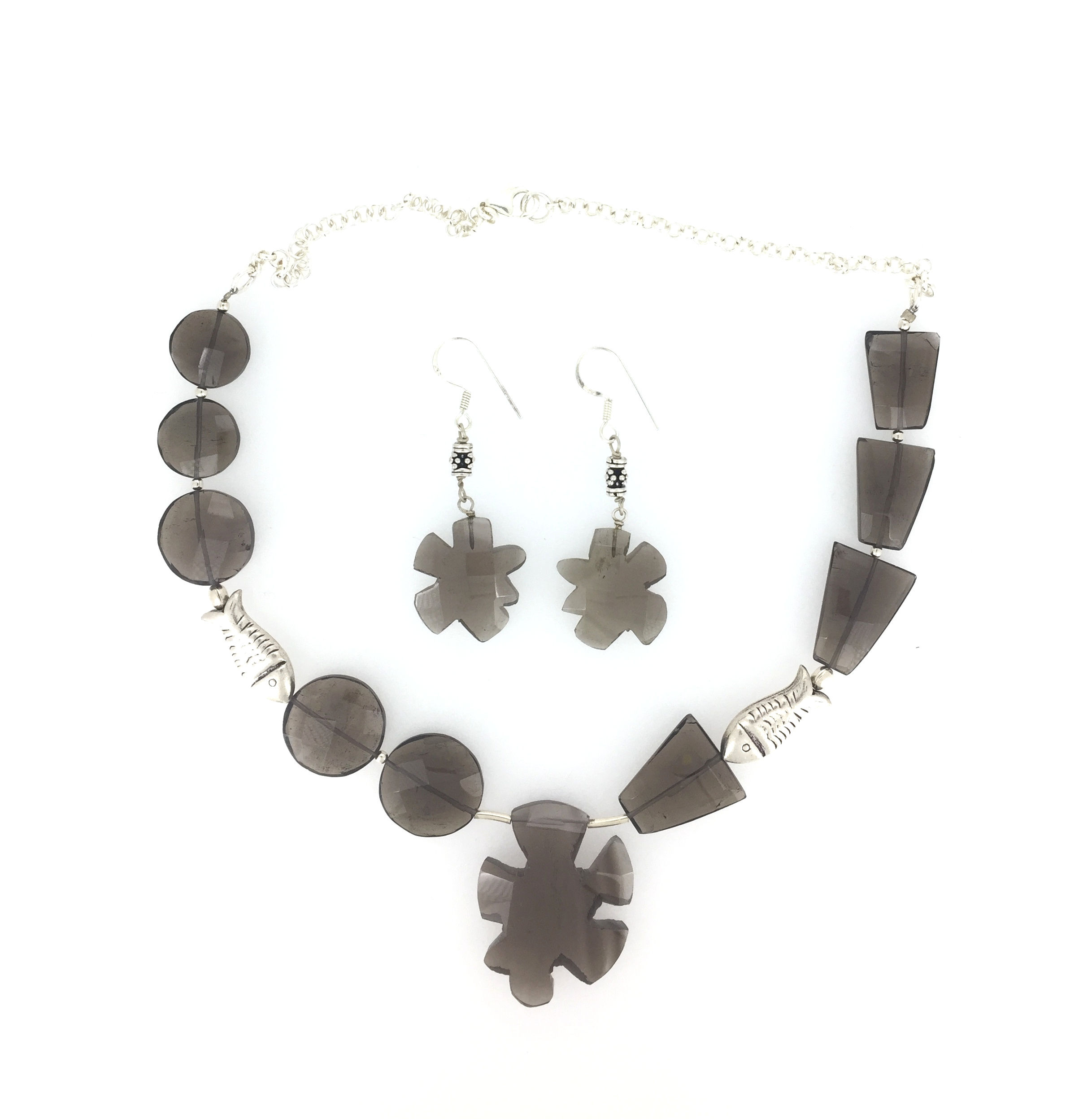 Natural Smoky Gemstone Sterling Silver Necklace 18" with Earrings