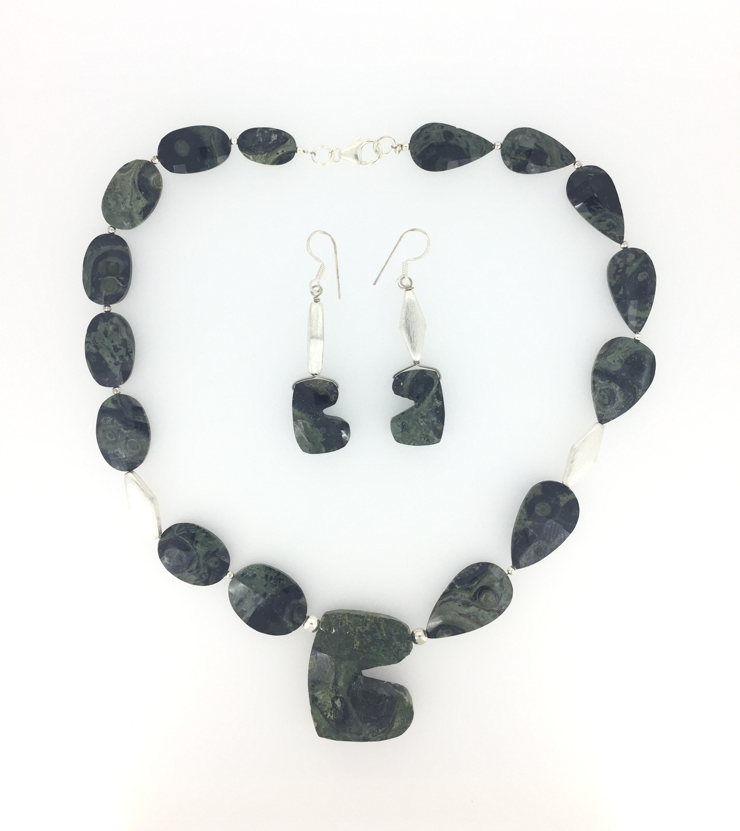 Natural Picture JasperGemstone Sterling Silver Necklace 18" with Earrings