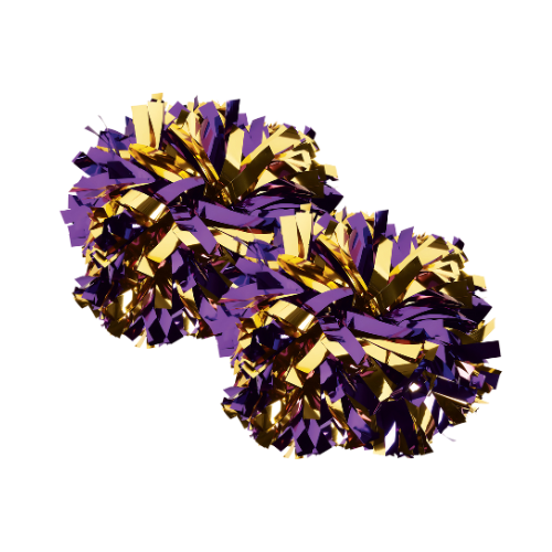 A pair of cheerleading pom-poms in vibrant purple and gold metallic strands, arranged side by side on a white background.