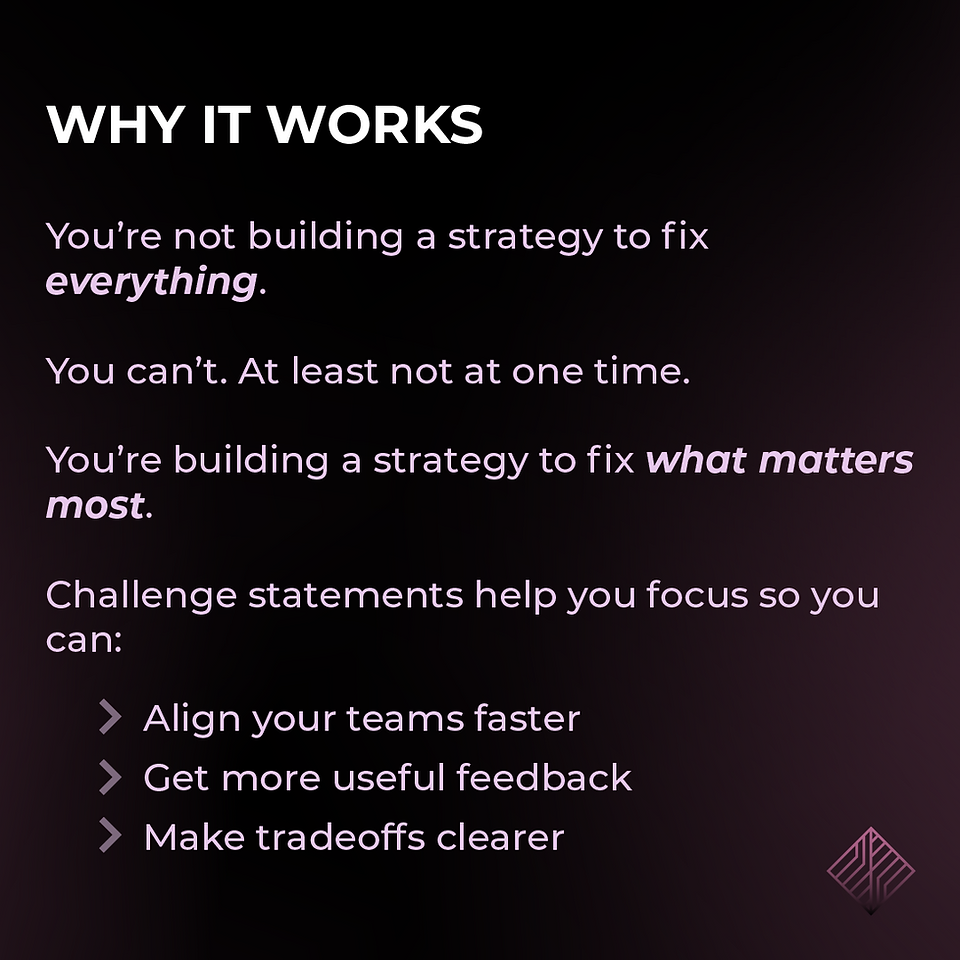 Why It Works: You're not building a strategy to fix everything. Challenge statements help you focus so you can align your teams faster, get more useful feedback, and make tradeoffs clearer. 