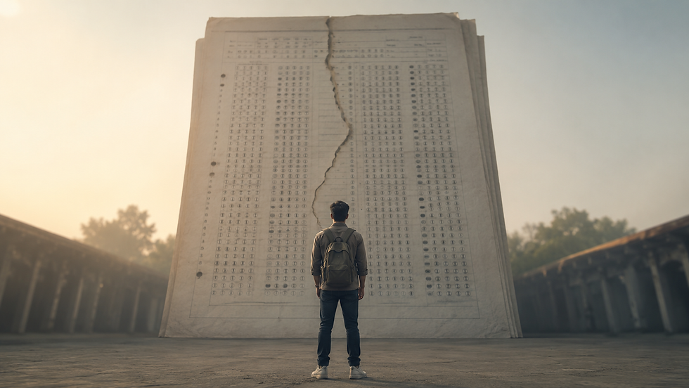 A lone college student with a backpack stands facing a towering examination answer sheet that rises like a monumental government building. A subtle crack runs through the centre of the paper, symbolising broken trust in institutions. Bathed in soft morning light with muted colours and realistic textures, the wide cinematic scene conveys reflection, uncertainty, and the weight of academic systems, with ample negative space around the composition for responsive display.