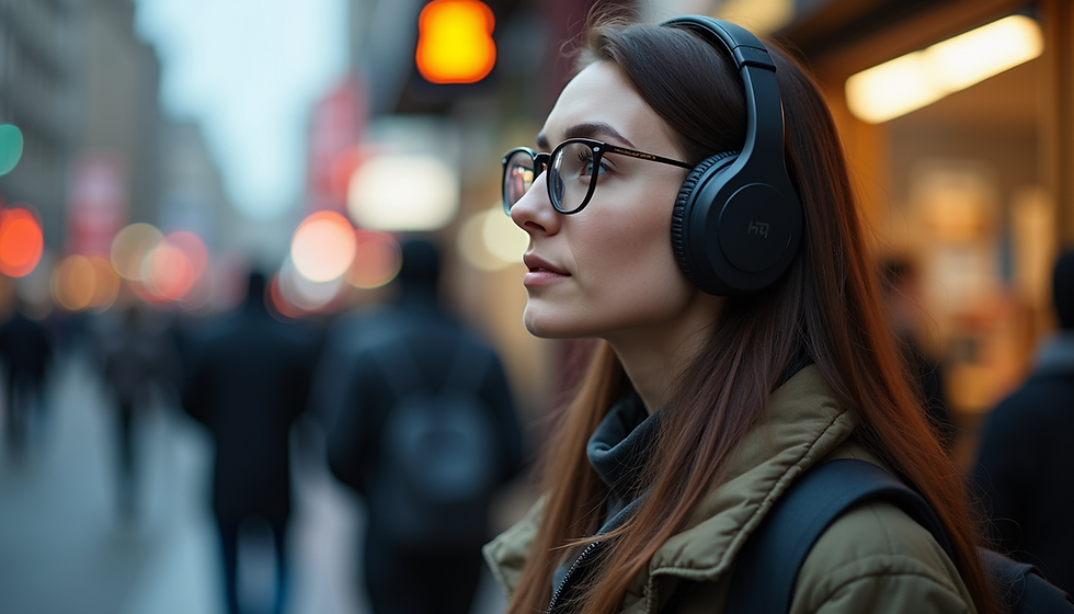Eye-level view of a person wearing noise-canceling headphones in a busy urban setting