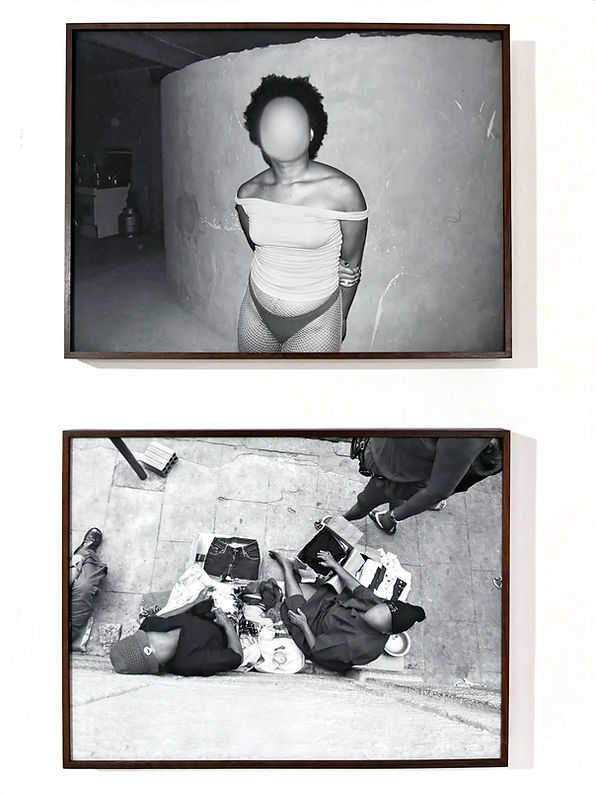 Black and white photographs by the artist Rosa Luz, featuring faceless Black people.