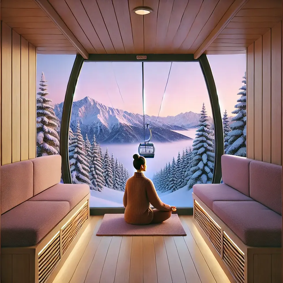 Frau meditiert in einem Raum mit Panoramafenstern und Blick auf eine verschneite Berglandschaft bei Sonnenuntergang.