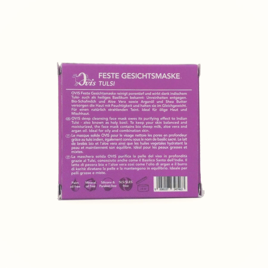 Rückseite der Ovis Gesichtsmaske Tulsi mit Produktinformationen und EAN