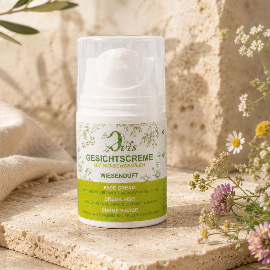 Ovis Gesichtscreme Wiesenduft mit Bio-Schafmilch in natürlicher Lifestyle-Szene