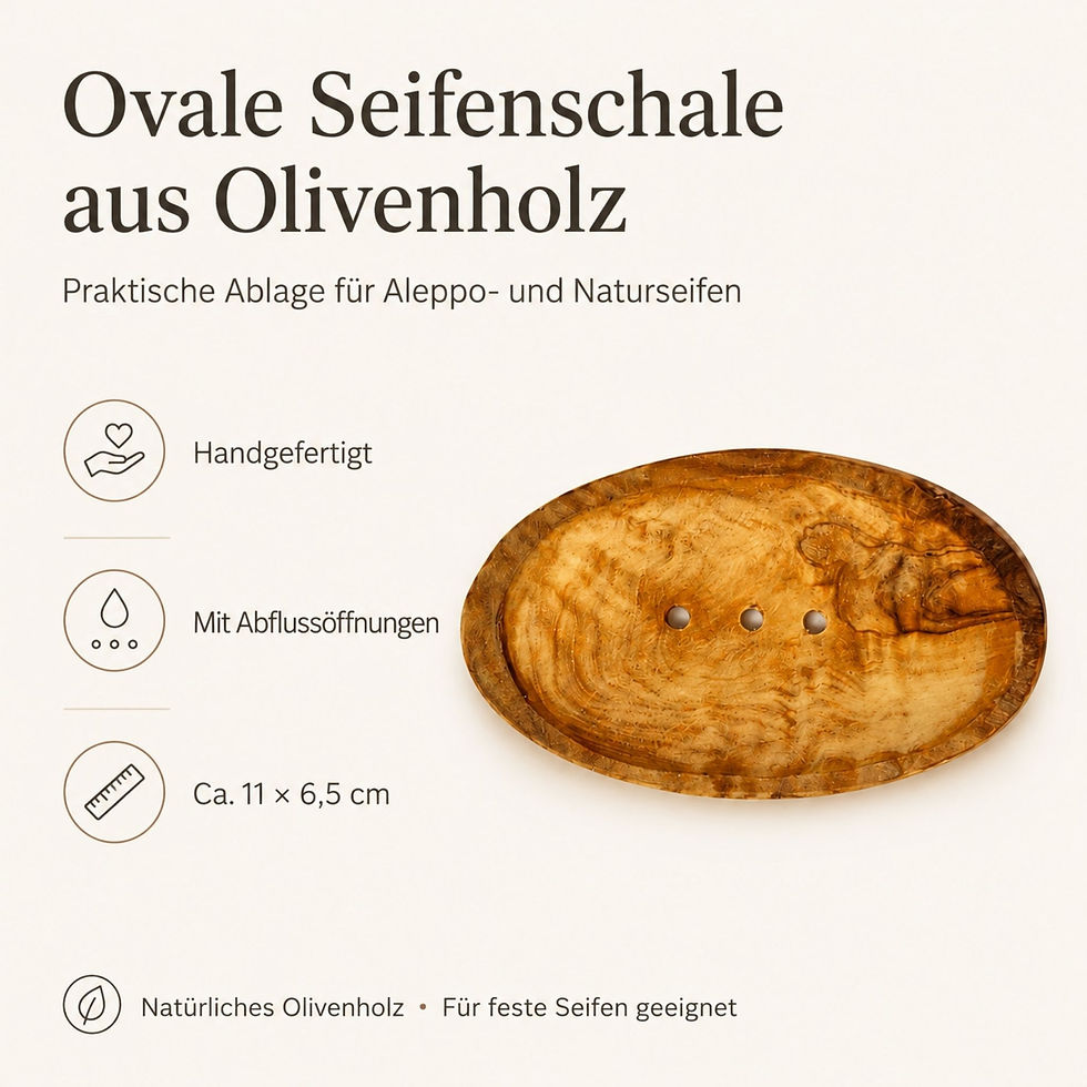 Ovale Olivenholz-Seifenschale mit Maßen und Produktdetails