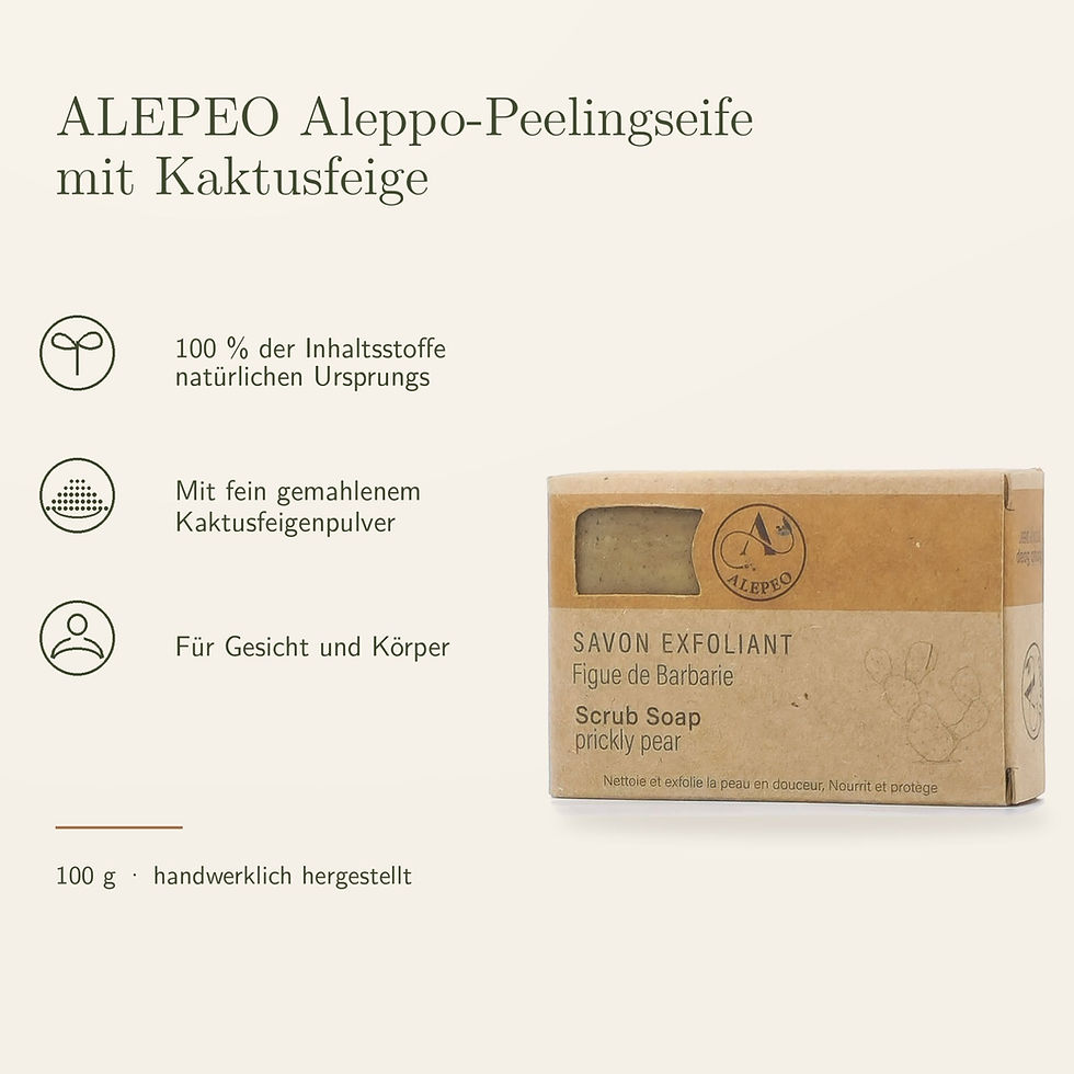 ALEPEO Peelingseife Kaktusfeige mit Kurzinformationen zu Peelingwirkung, Anwendung und Inhalt