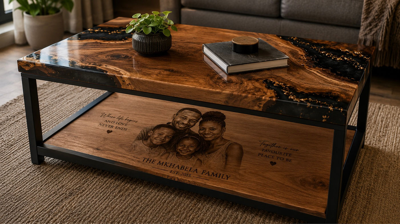 Personalised Solid Wood & Epoxy Coffee Table | Custom Engraving | Black Epoxy Ri