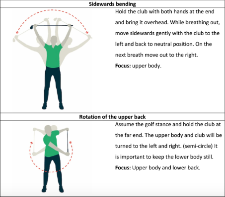 A golfer warm up wearing a green shirt side bending and rotation
