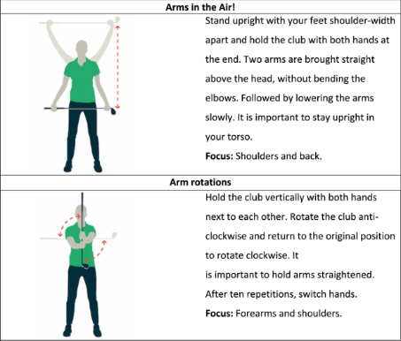 A green shirt golfer doing a golf warmup with arm rotations and arms in the arm