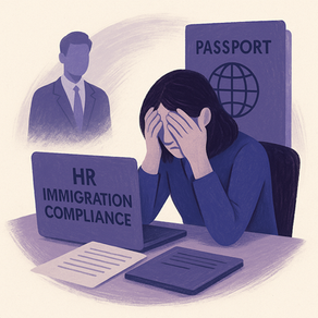 Textured, paint-style illustration in muted purple and charcoal tones on an off-white background. The image shows an HR professional at a desk reviewing immigration documents, with soft brushstroke arcs symbolizing responsibility, reflection, and the emotional load of managing immigration compliance.
