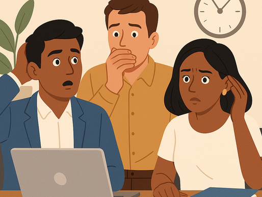 Cartoon-style illustration of three diverse office workers reacting with concern while sitting at a desk. One man looks confused with his hand on his head, another is covering his mouth in surprise, and a woman looks worried while holding her head. A laptop, documents, and a clock are visible in the background, suggesting an urgent or unexpected situation.
