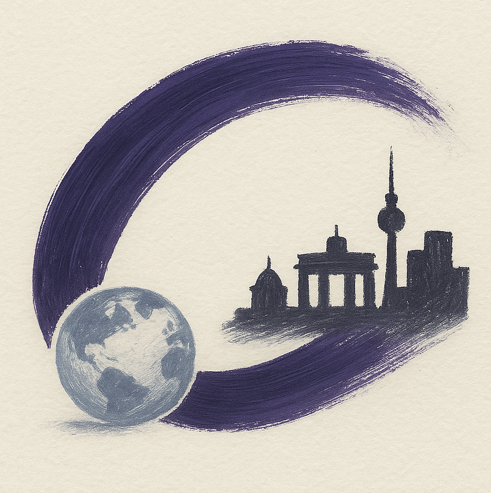 Paint-style illustration in muted purple and charcoal showing a small globe connected by a single brush stroke to three simplified city skylines, representing global immigration process standardization. No text in the image.