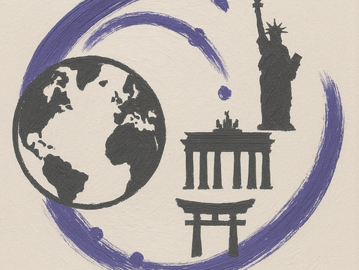 Earth, Statue of Liberty, Brandenburg Gate, and Torii gate in black, with purple brushstrokes on a beige background, creating a global theme.