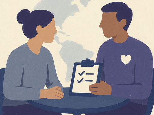 Paint style illustration in muted purple and charcoal showing a simple person icon and a checklist connected by a soft arc - representing immigration HR best practices and the human side of immigration. No text.