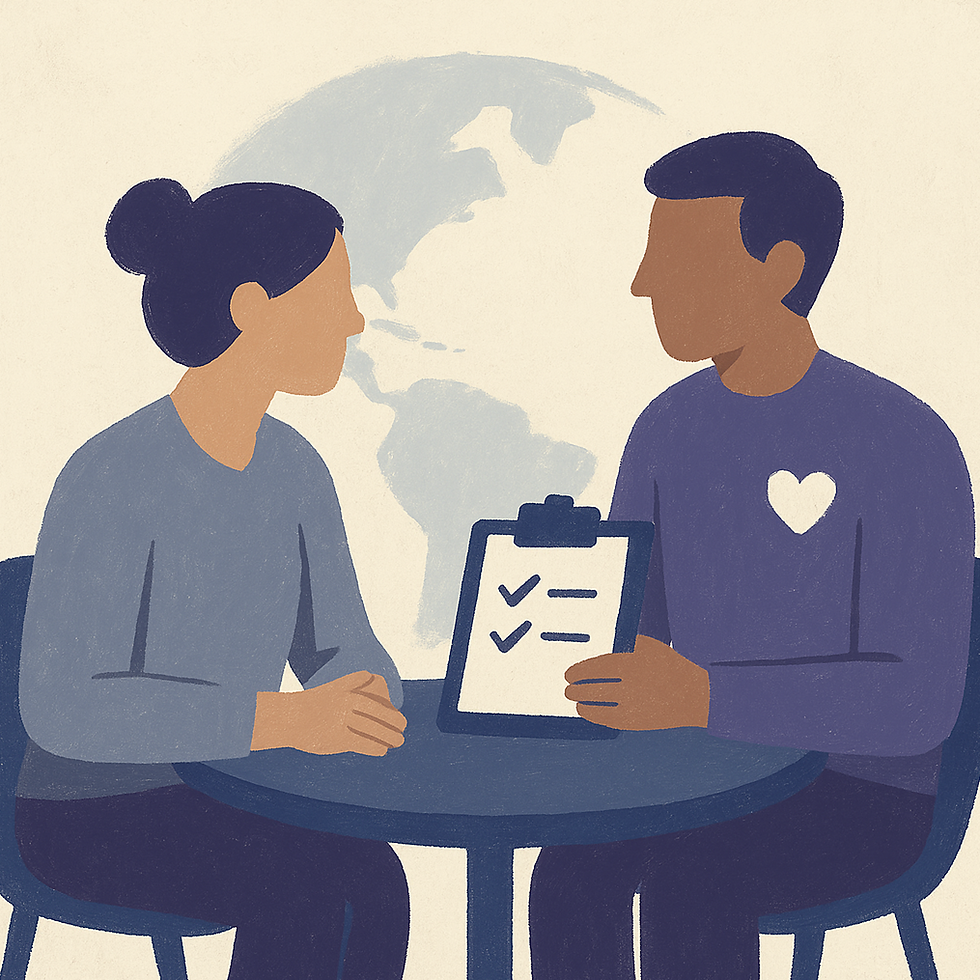 Paint style illustration in muted purple and charcoal showing a simple person icon and a checklist connected by a soft arc - representing immigration HR best practices and the human side of immigration. No text.