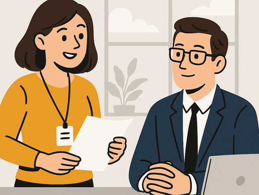 Flat-style digital illustration of a professional seated at a desk, reviewing documents and a laptop. Behind them is an abstract organizational chart, symbolizing job changes, promotions, and HR review processes related to immigration compliance.