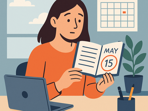 Flat-style digital illustration of a professional woman seated at a desk with a laptop and large calendar pinned behind her, symbolizing HR planning, compliance tracking, and managing complex visa timelines.